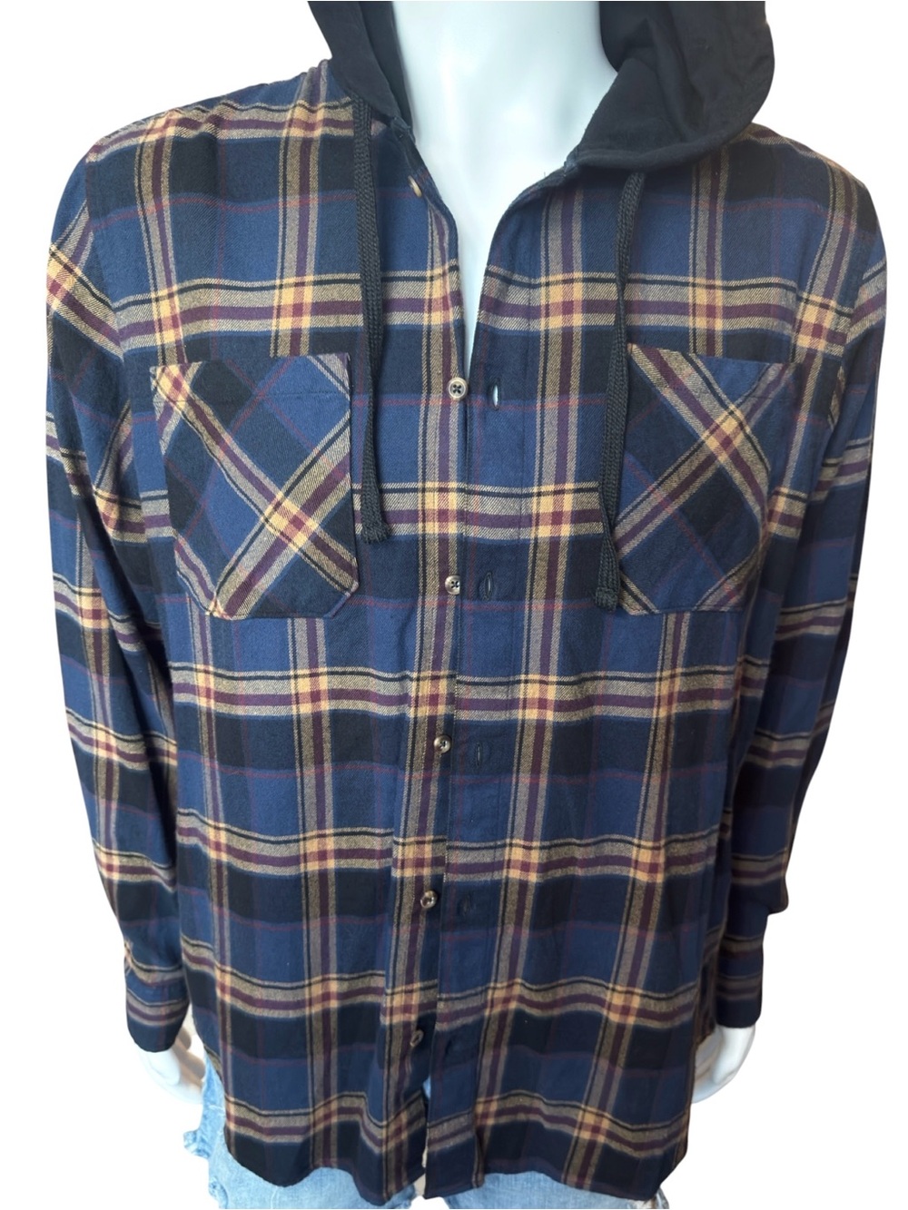 Plaid Hooded Button-Up Shirt Jacket in Navy and Tan